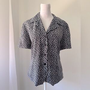 Vintage ‘90s Leslie Fay Navy Blue Floral Print Collared Short Sleeve Blouse